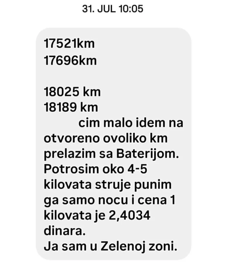 Domet ZAPmoto električnog skutera – originalna poruka kupca sa podacima o pređenim kilometrima